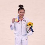 Sunisa Lee of Team United States poses with her gold medal after winning the Women's All-Around Final on day six of the Tokyo 2020 Olympic Games at Ariake Gymnastics Centre on July 29, 2021 in Tokyo, Japan.