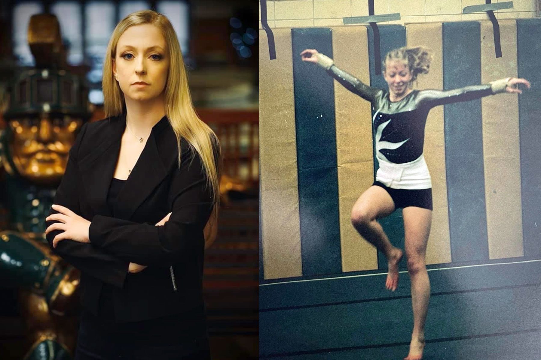 A diptych of Danielle Moore standing on the left next to a gymnastics photo of herself as a young girl.