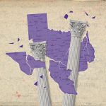 Illustration of stately corinthian columns breaking up the state of Texas.