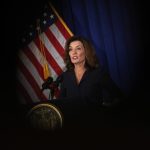 Kathy Hochul speaks during a press conference.