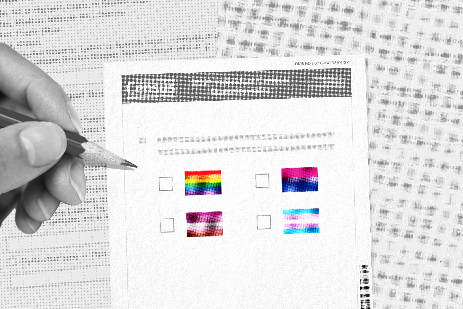 A collage shows a hand filling out a questionnaire containing various pride flags.