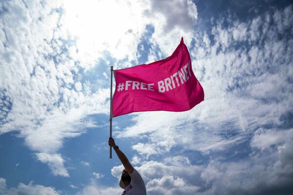 A man waves a pink flag printed with the words #FREE BRITNEY