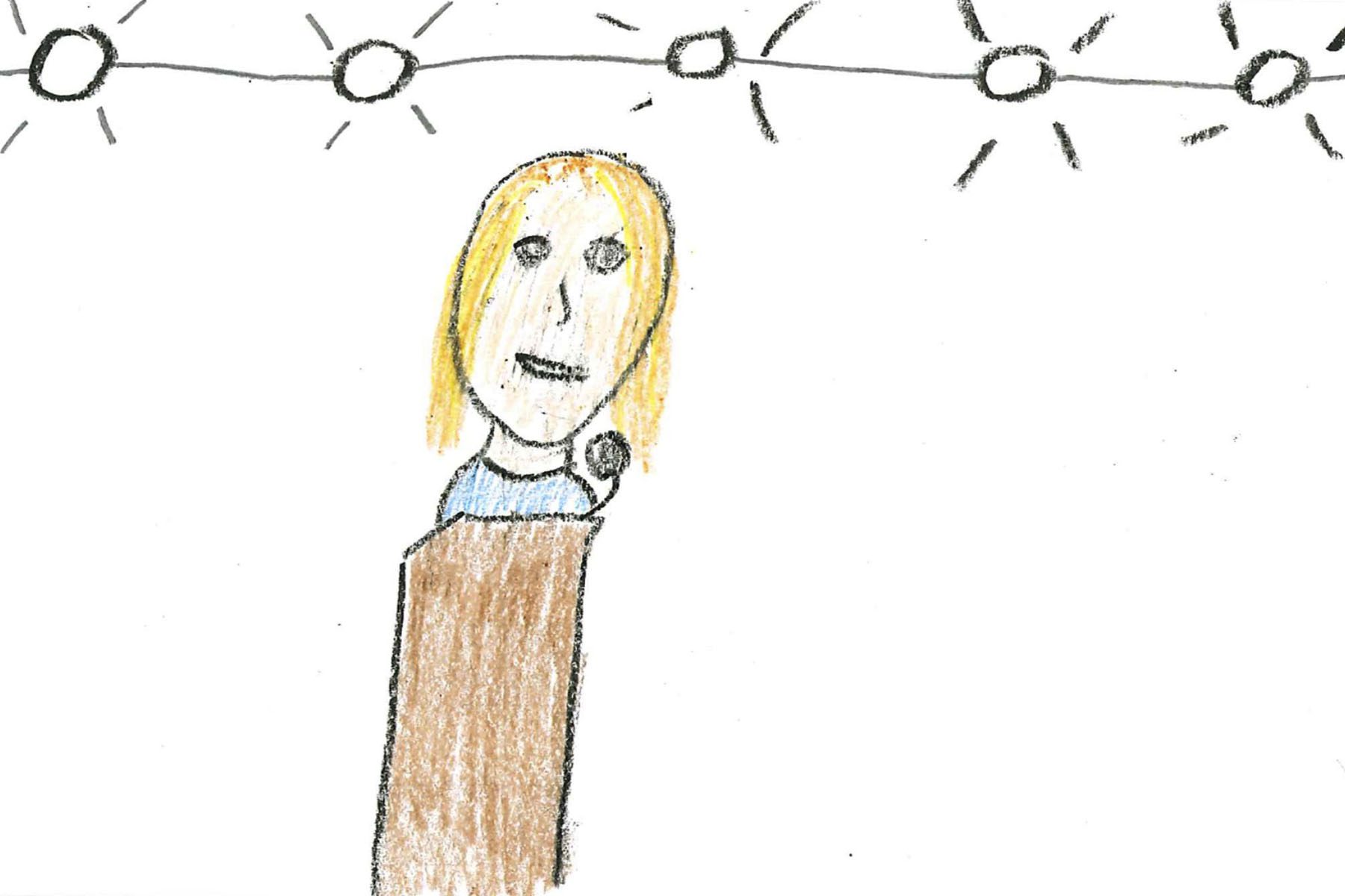 A child's drawing is pictured. The child drew what appears to be a blond woman wearing a blue shirt giving a speech at a podium. There are spotlights above her.