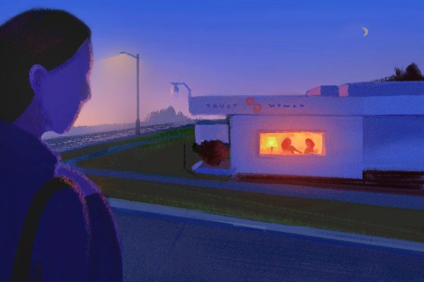 In this illustration, a figure approaches the Trust Women clinic in Wichita, Kansas at dusk. A warm glow comes from the clinic's window where two more figures are seen.