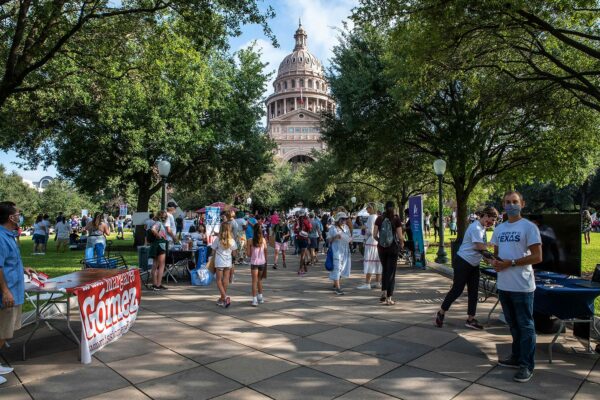 The Texas State Capitol is seen as people gather for the Women's March.