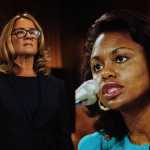 A composite image of Anita Hill and Christine Blasey Ford's hearings before the Senate Judiciary Committee.