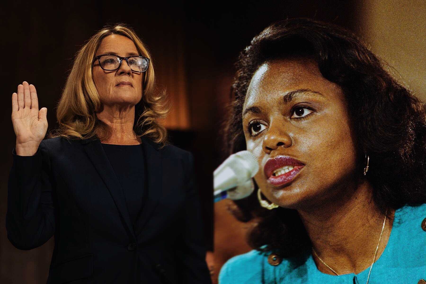 A composite image of Anita Hill and Christine Blasey Ford's hearings before the Senate Judiciary Committee.