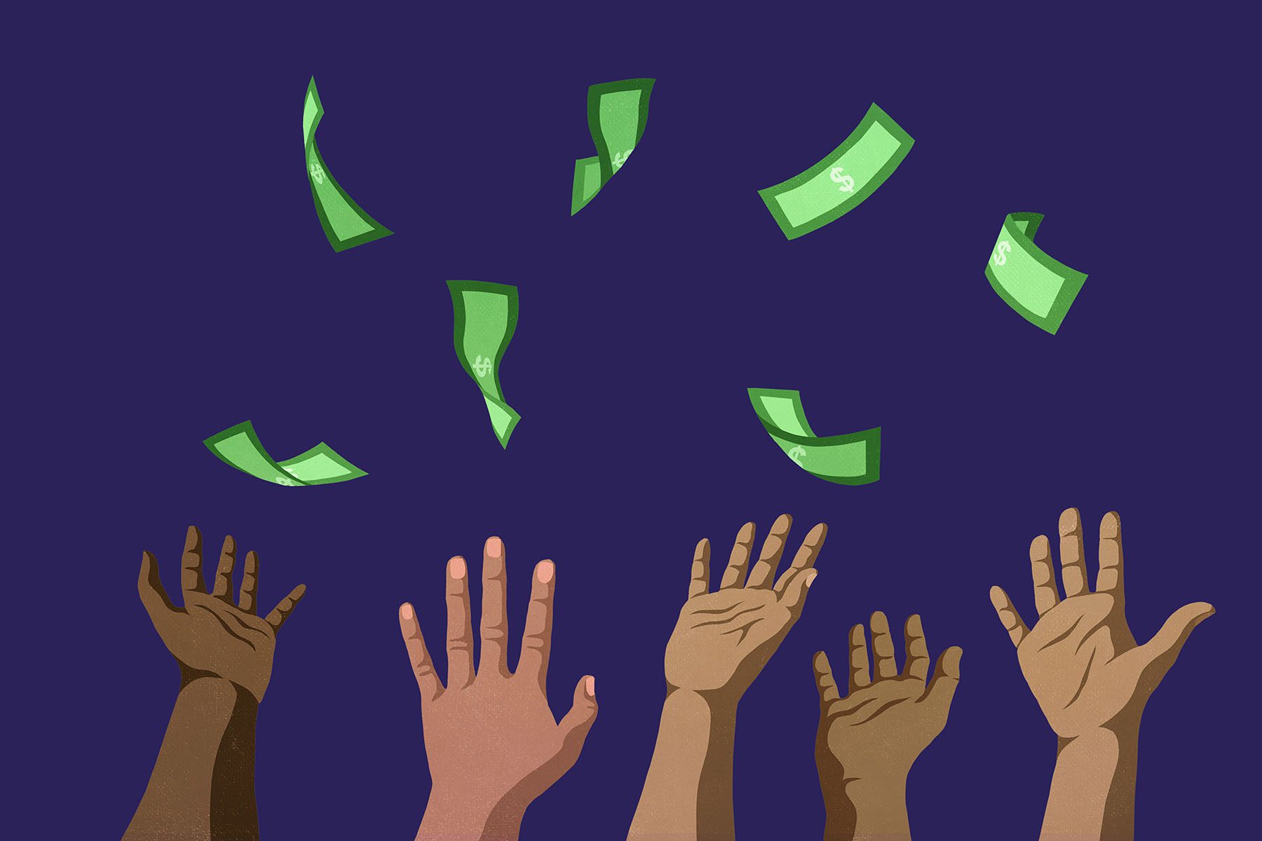 Illustration of hands reaching for falling money.