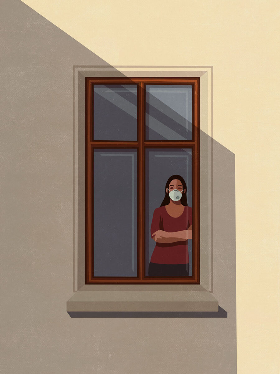 An illustration of a woman standing at a window wearing a face mask.