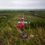A makeshift memorial barring flowers on the Blackfeet Indian Reservation