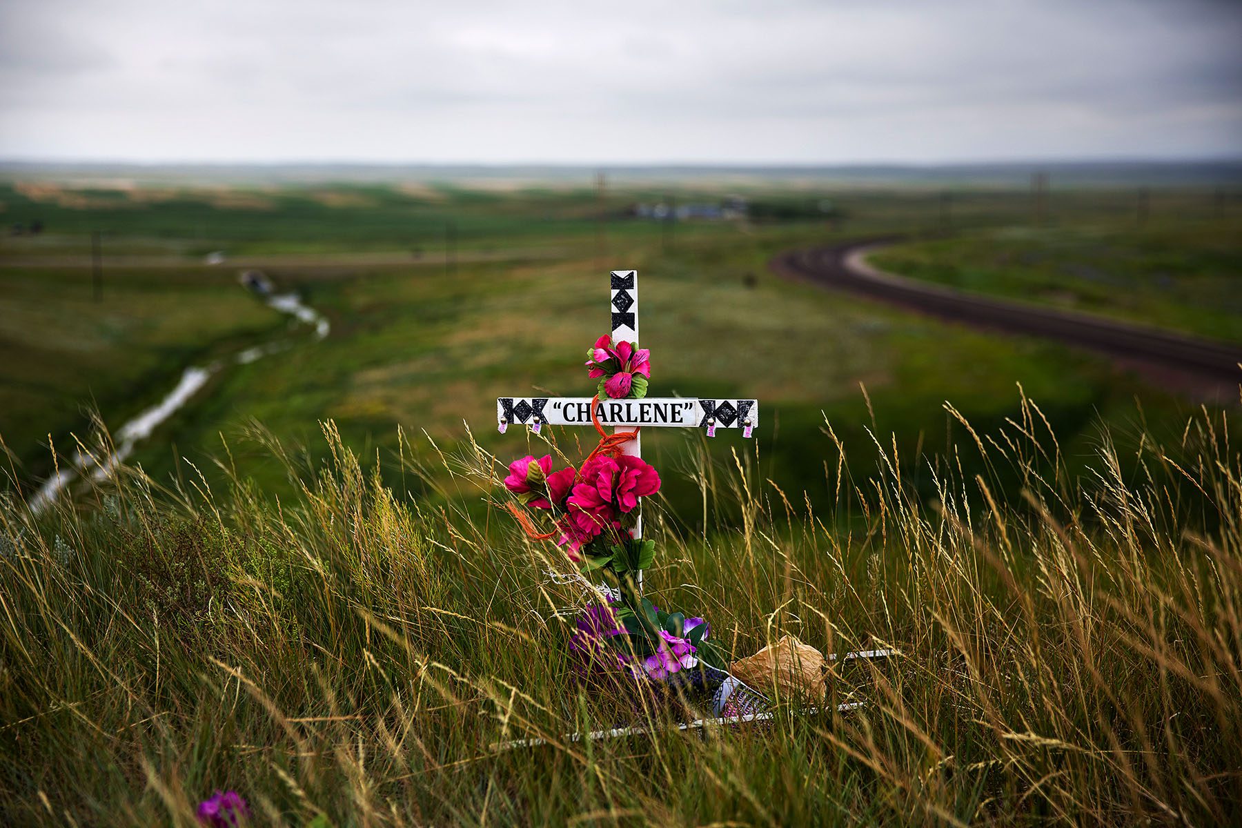 A makeshift memorial barring flowers on the Blackfeet Indian Reservation