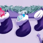 An illustration of three stockings hanging on a mantle with a child reaching toward an empty one.