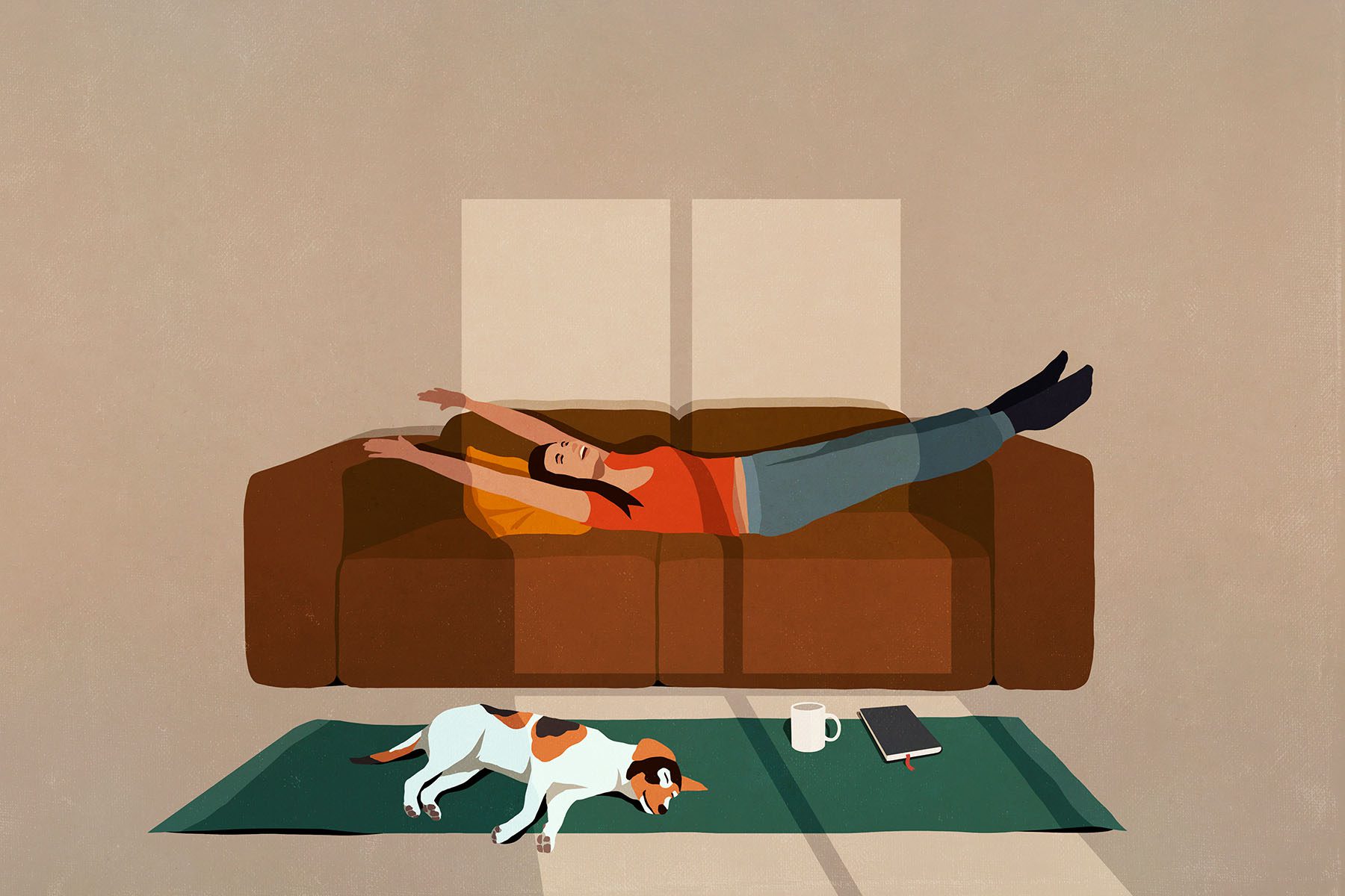 Illustration of woman stretching on sofa while dog naps on the floor