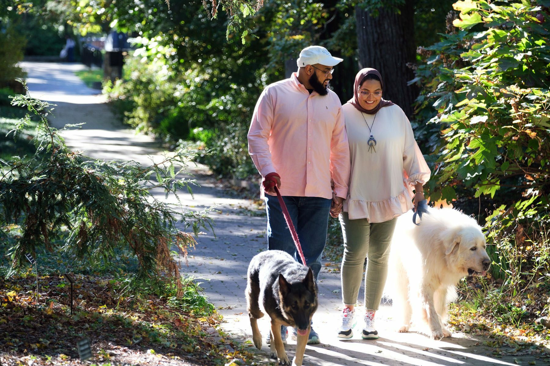 Nida Allam and her husband Towqir Aziz take a walk with their dogs.