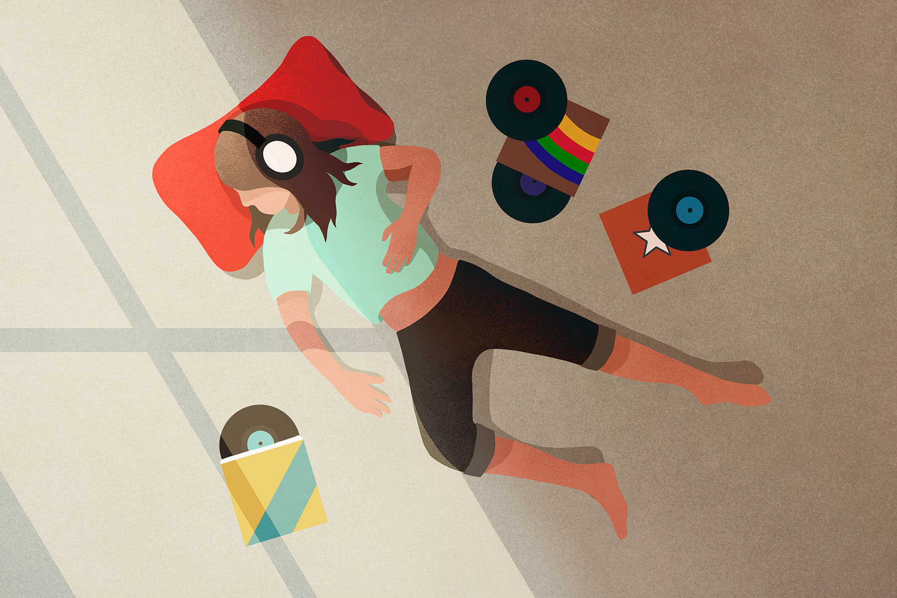 illustration of person with headphones listening to records
