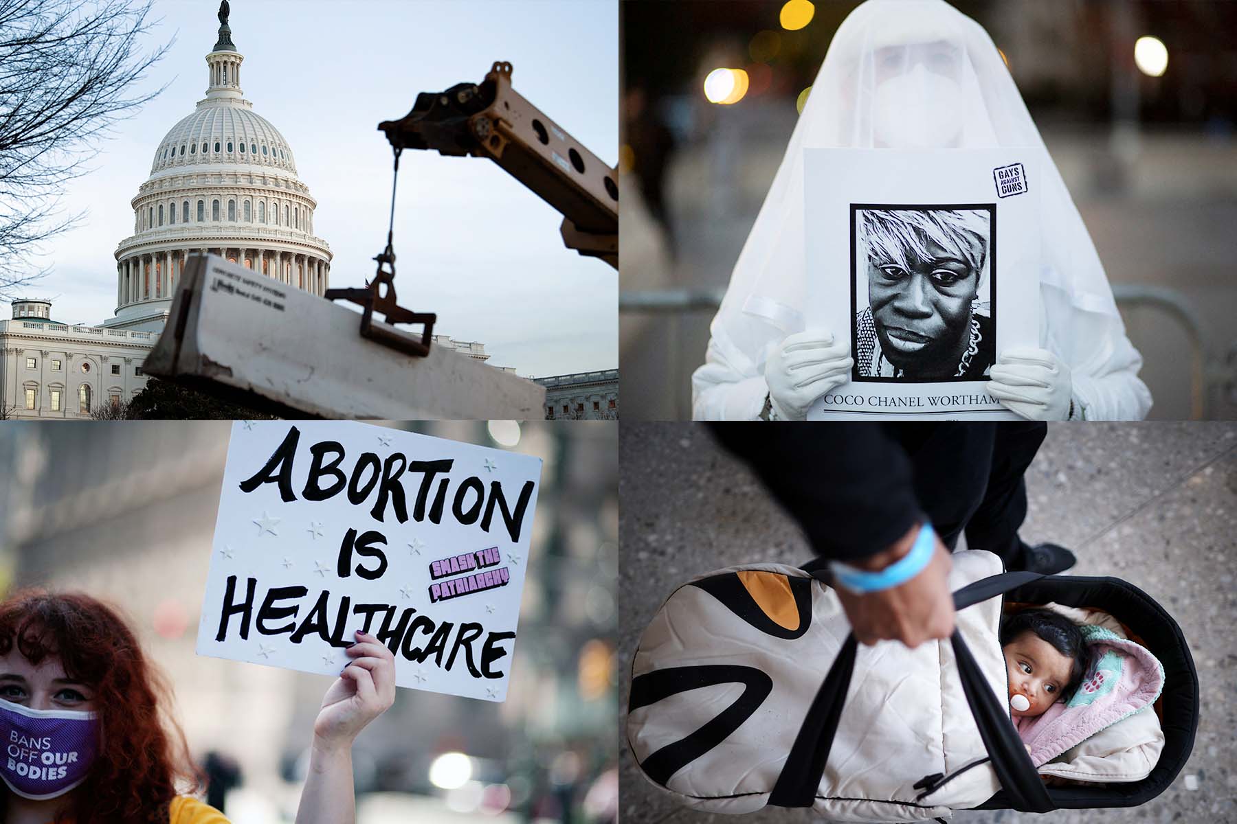 4 images show the U.S. Capitol, an abortion rights protesters, a baby in a baby carrier and a vigil at the Transgender Day of Remembrance