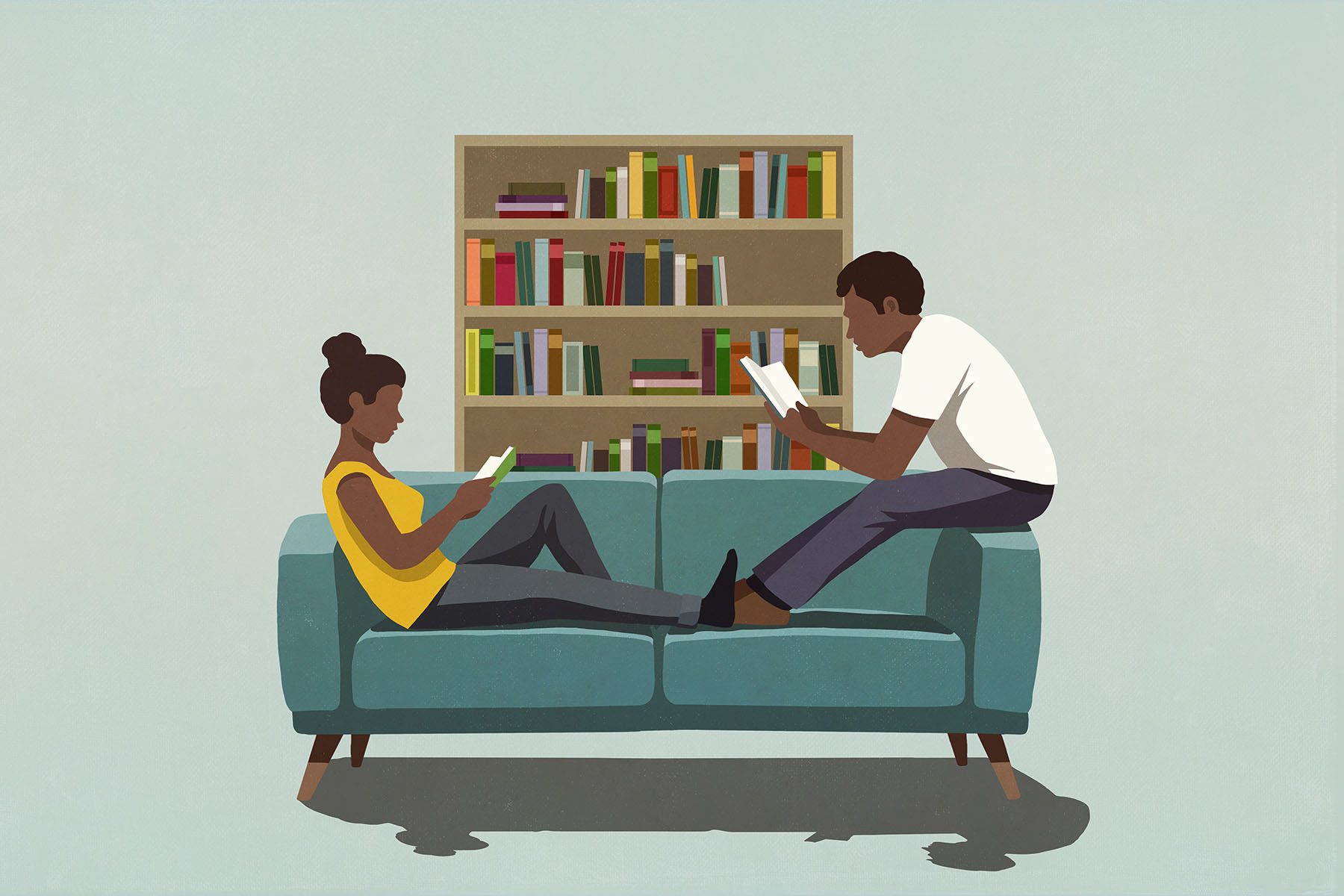 Illustration of couple reading books on living room sofa