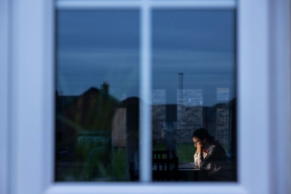 A woman is seen on a computer through a window.