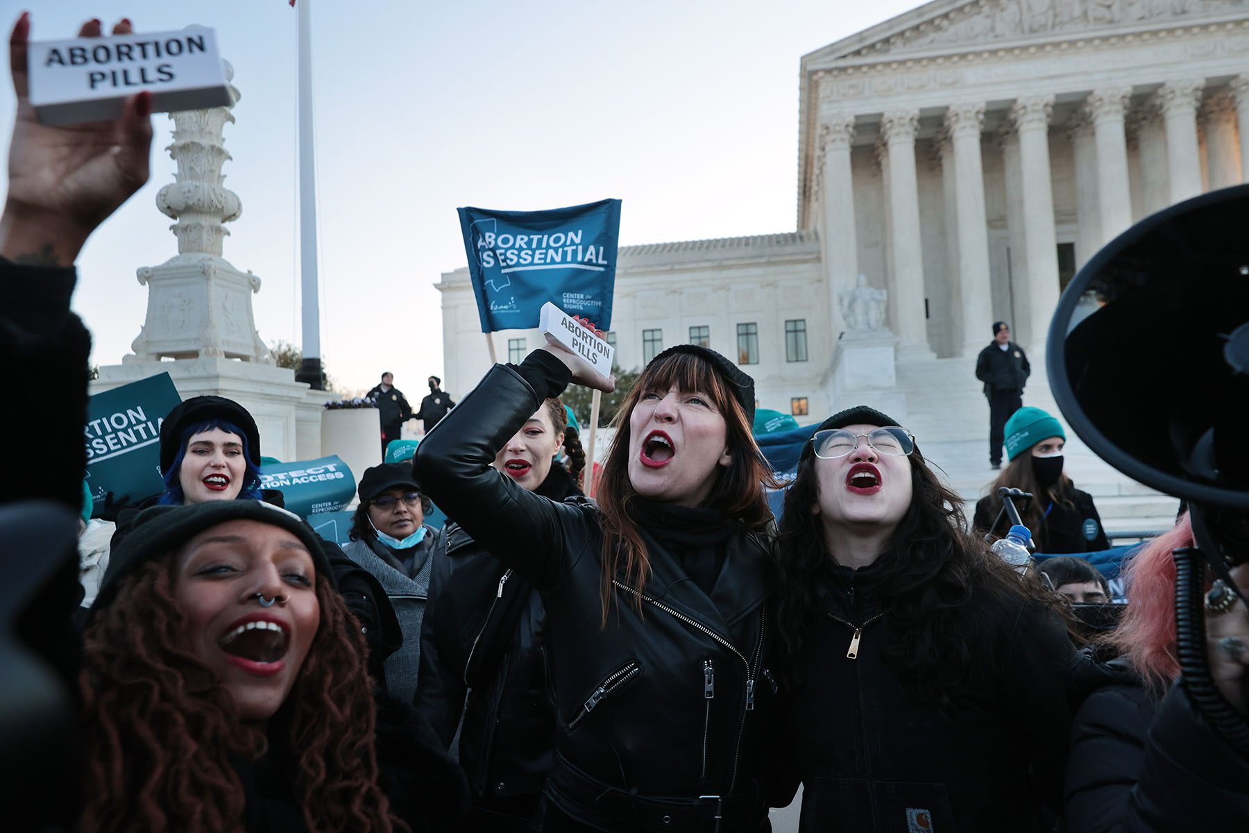 Abortion rights activists demonstrate in front of the U.S. Supreme Court.