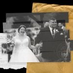 A photo illustration of a woman and her husband on a their wedding day with official envelopes in the background.