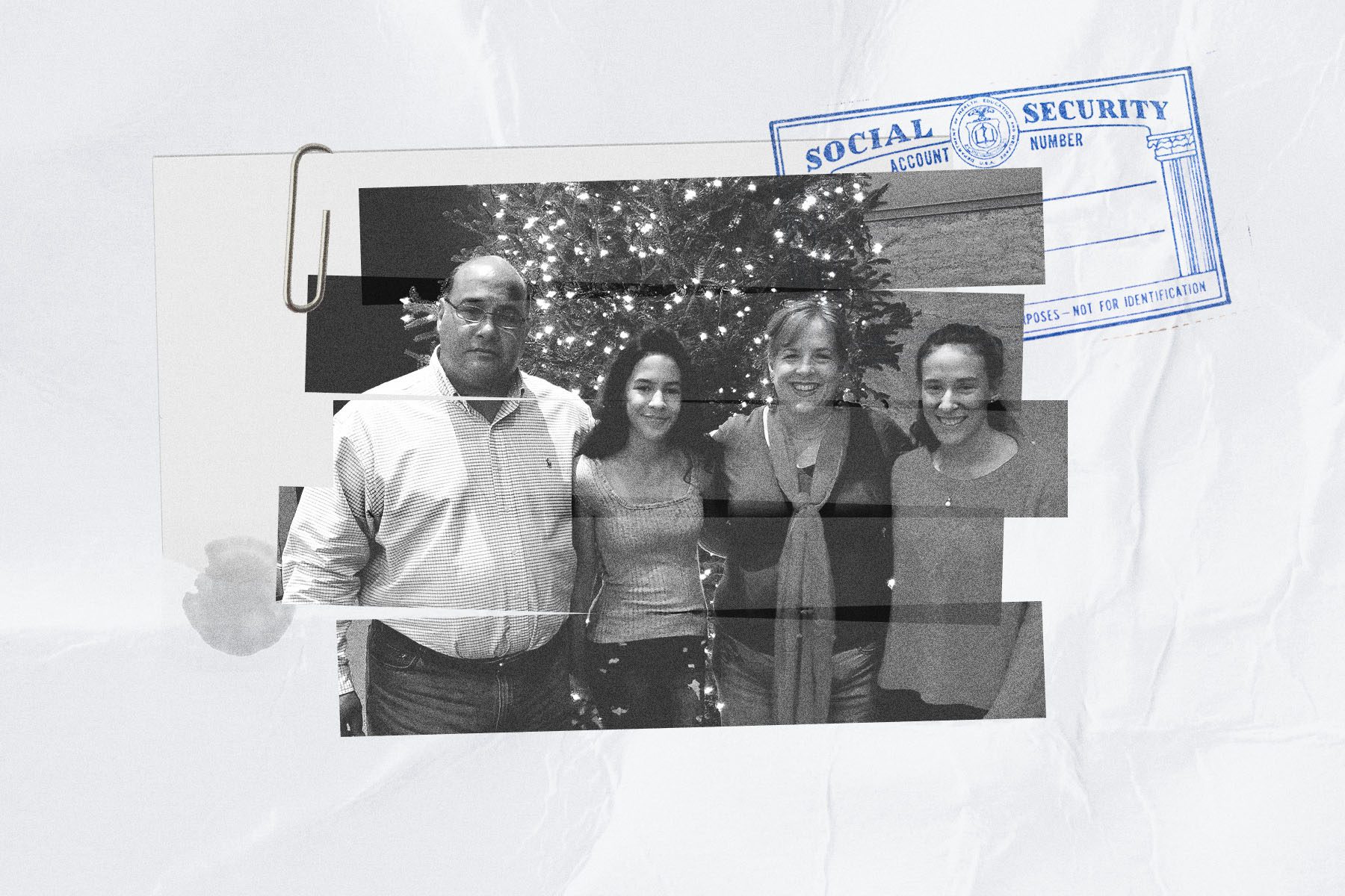 A photo illustration of a family standing in front of a Christmas tree, with Social Security information behind them.