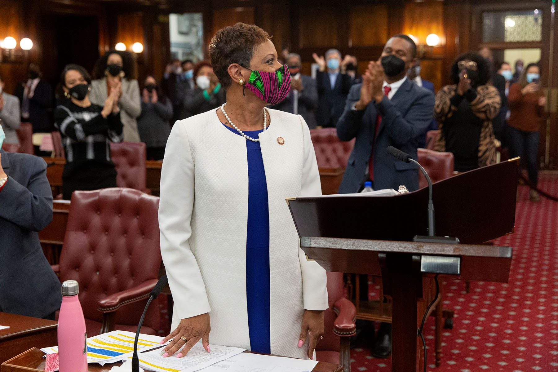 Council members clap for Adrienne Adams after she was elected speaker of the New York City Council