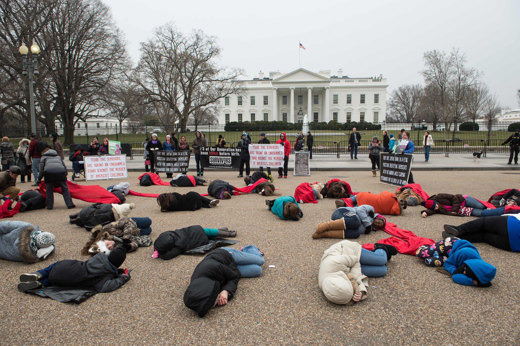 Anti-abortion activists lay on the ground in front of the White House on January 21, 2015.