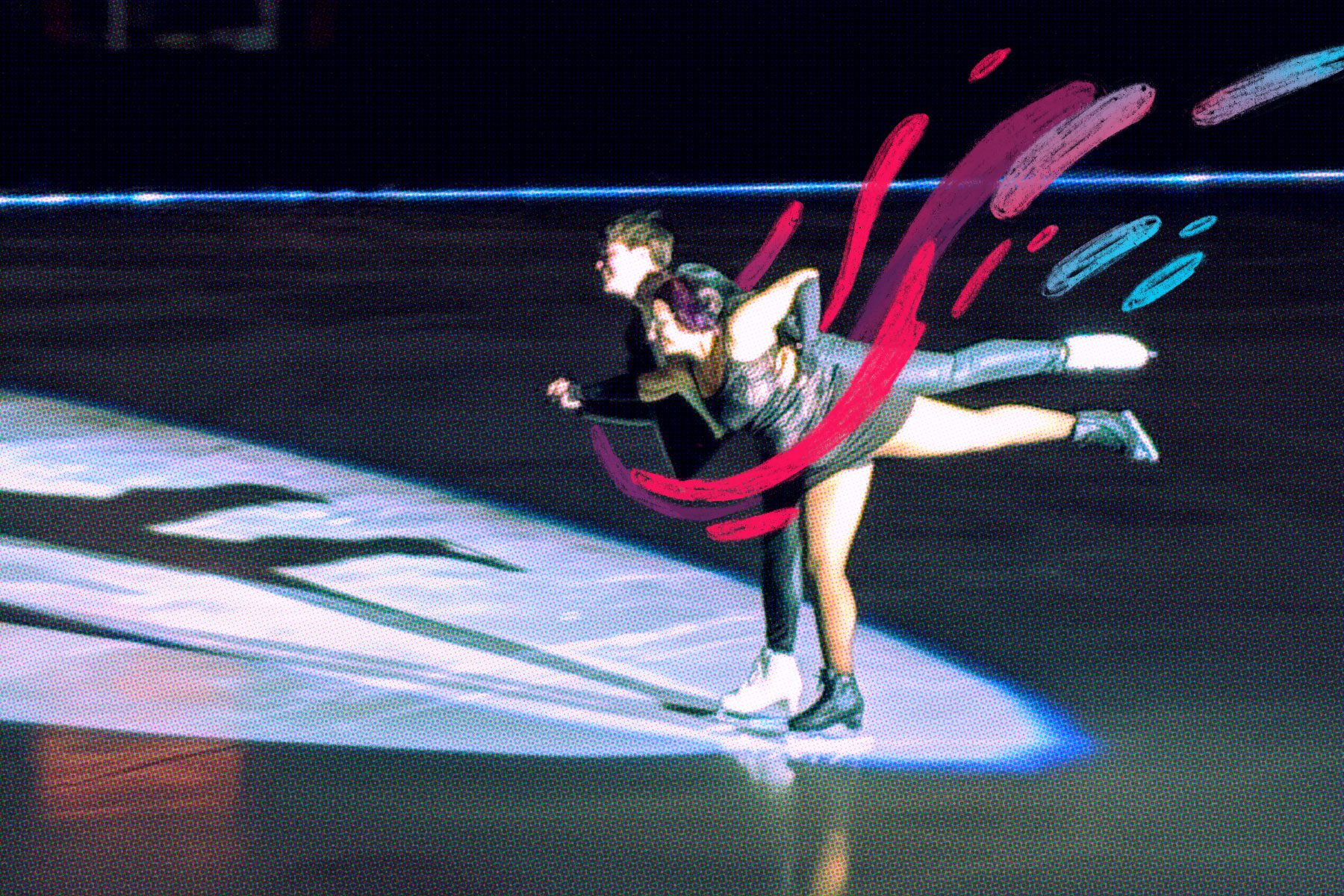 Anna Kellar and Erica Rand skate together on ice.