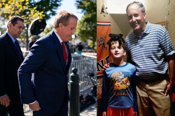 Diptych of Ken Paxton on Capitol hill and Ken Paxton with Amber Briggle's child.