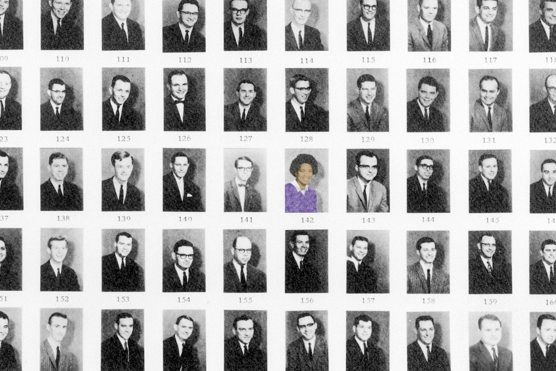 A photo illustration shows a colorized image of Amalya Lyle Kearse amongst black and white images of her male law school classmates.