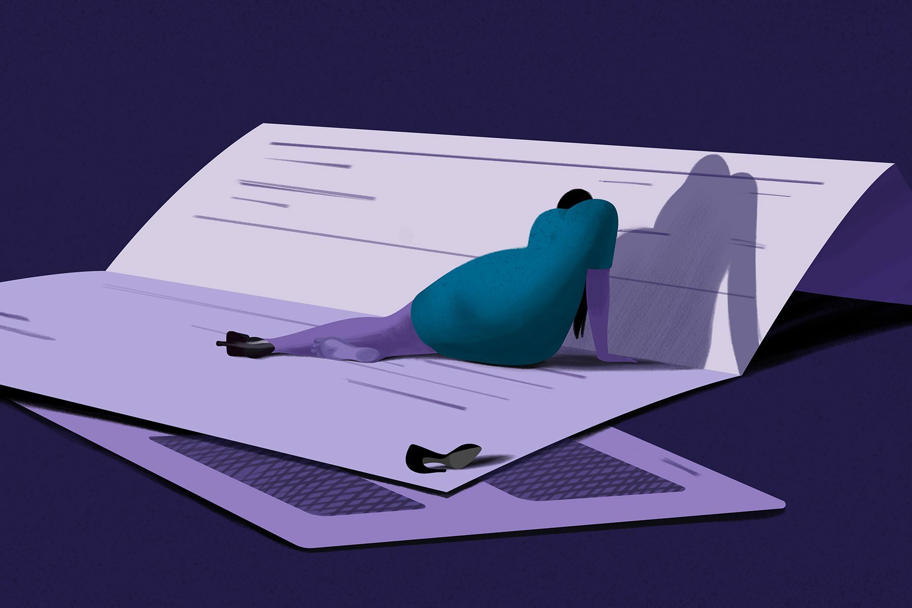 Illustration of a defeated woman laying on an oversized bill.