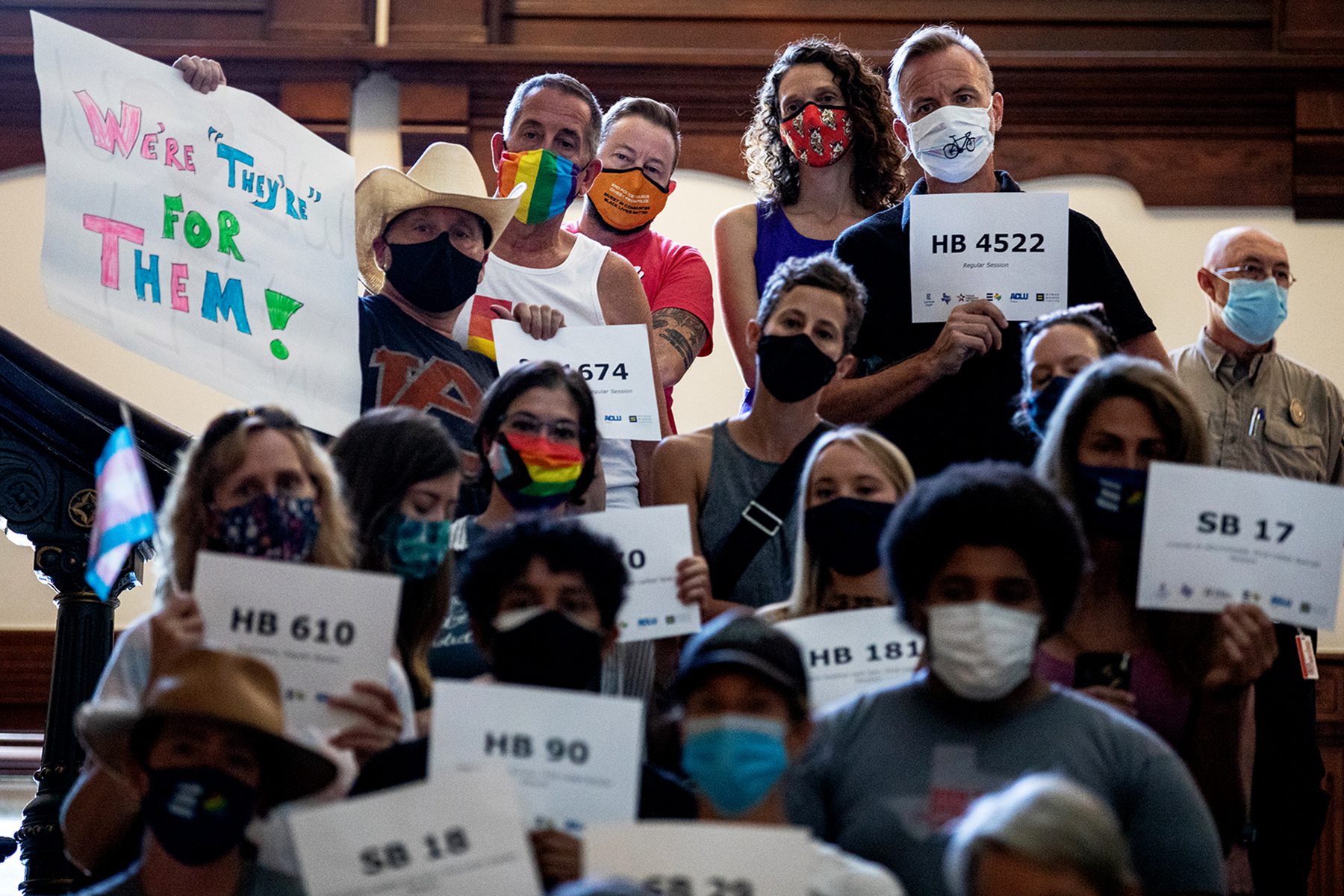 LGBTQ rights supporters protest at the Texas State Capitol.