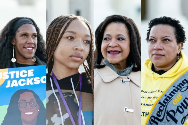Collage of 4 portraits of women rallying near the Supreme Court.