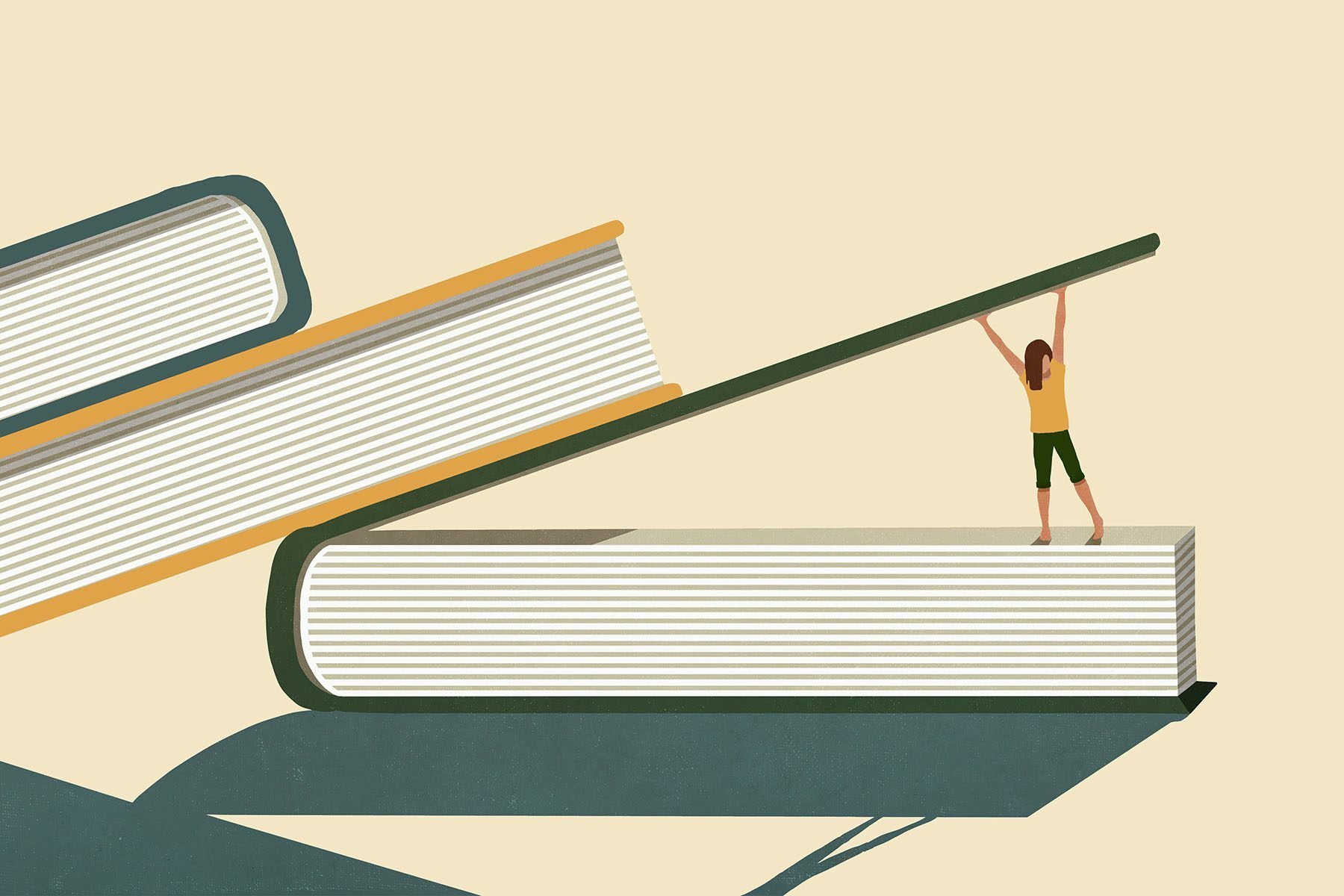 Illustration of a miniature woman lifting very large books.