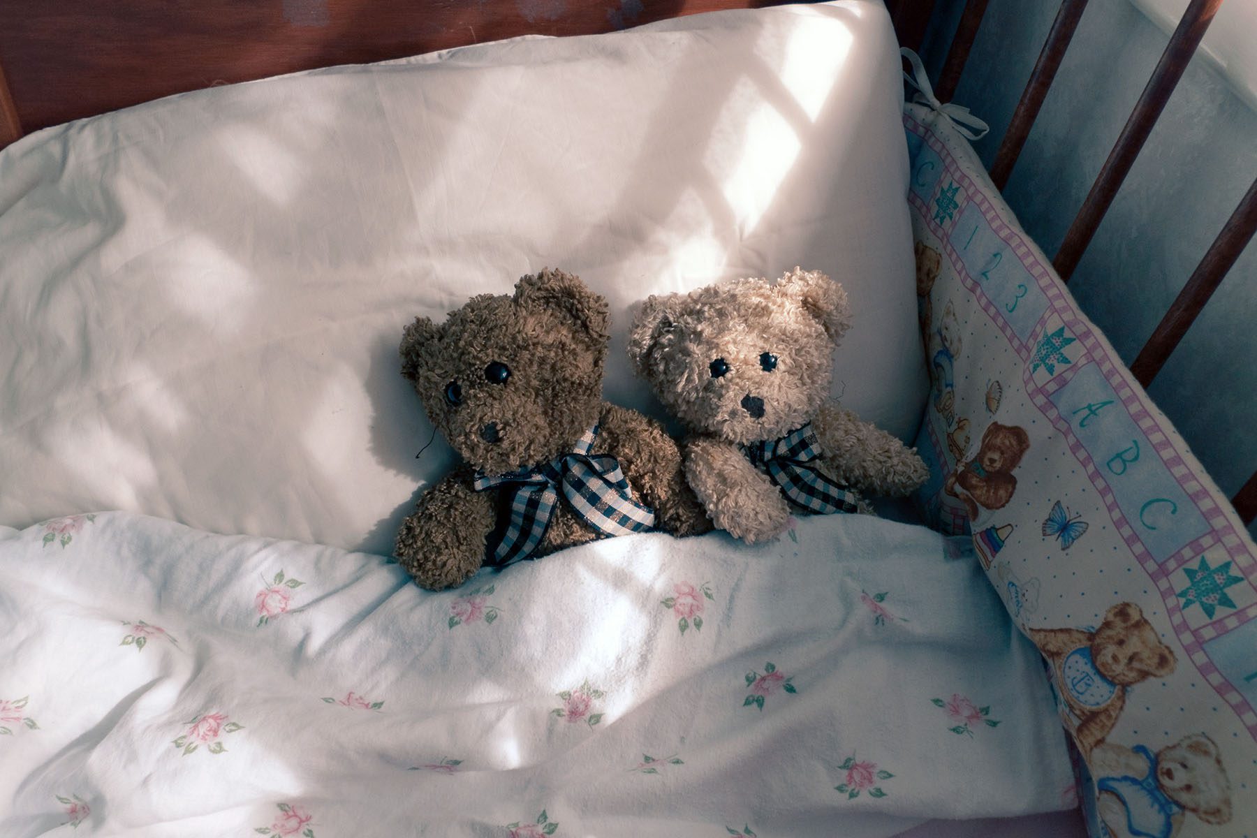 Two teddybears tucked in to a toddler's crib with a crib bumper.
