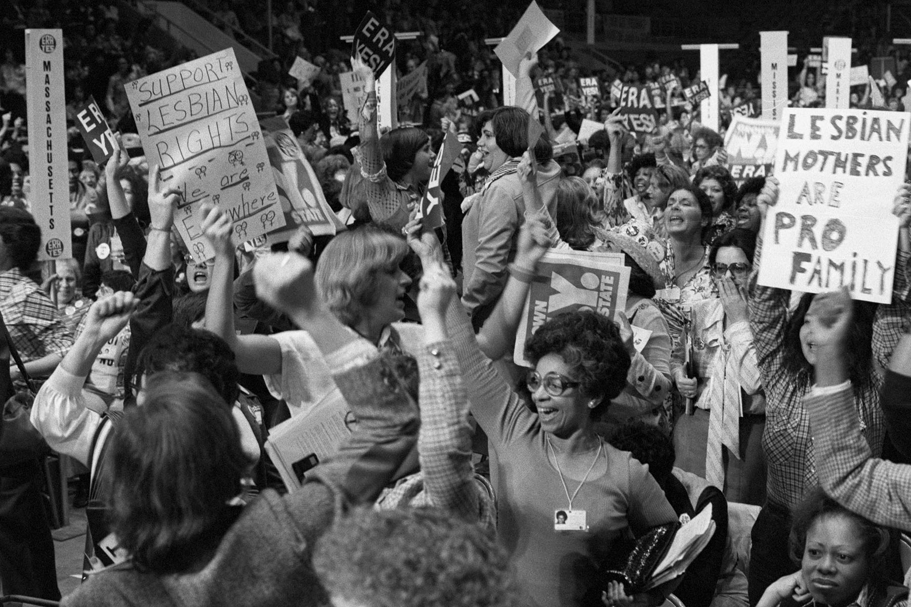 Delegates in the New York section cheer the passing of a resolution. Some hold signs that read "Support Lesbian Rights, We Are Everywhere" and "Lesbian Mothers Are Pro Family."