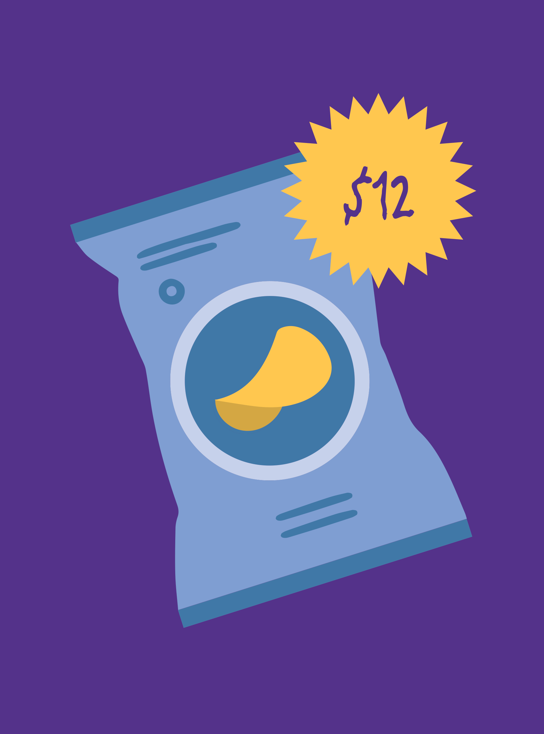 An animated illustration in which the pricetag on a bag of chips changes from $12 to $17