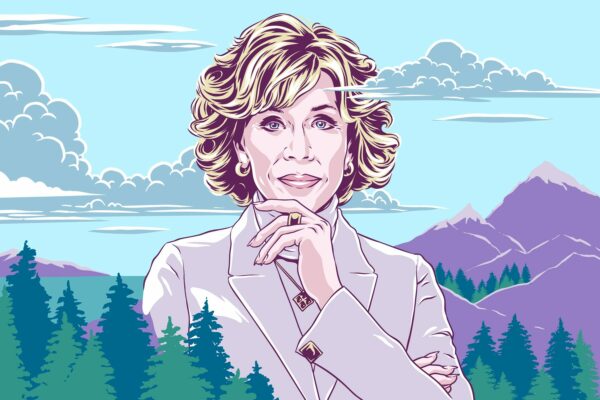 An illustrated portrait of Jane Fonda in the midst of mountains, lakes and pine trees.