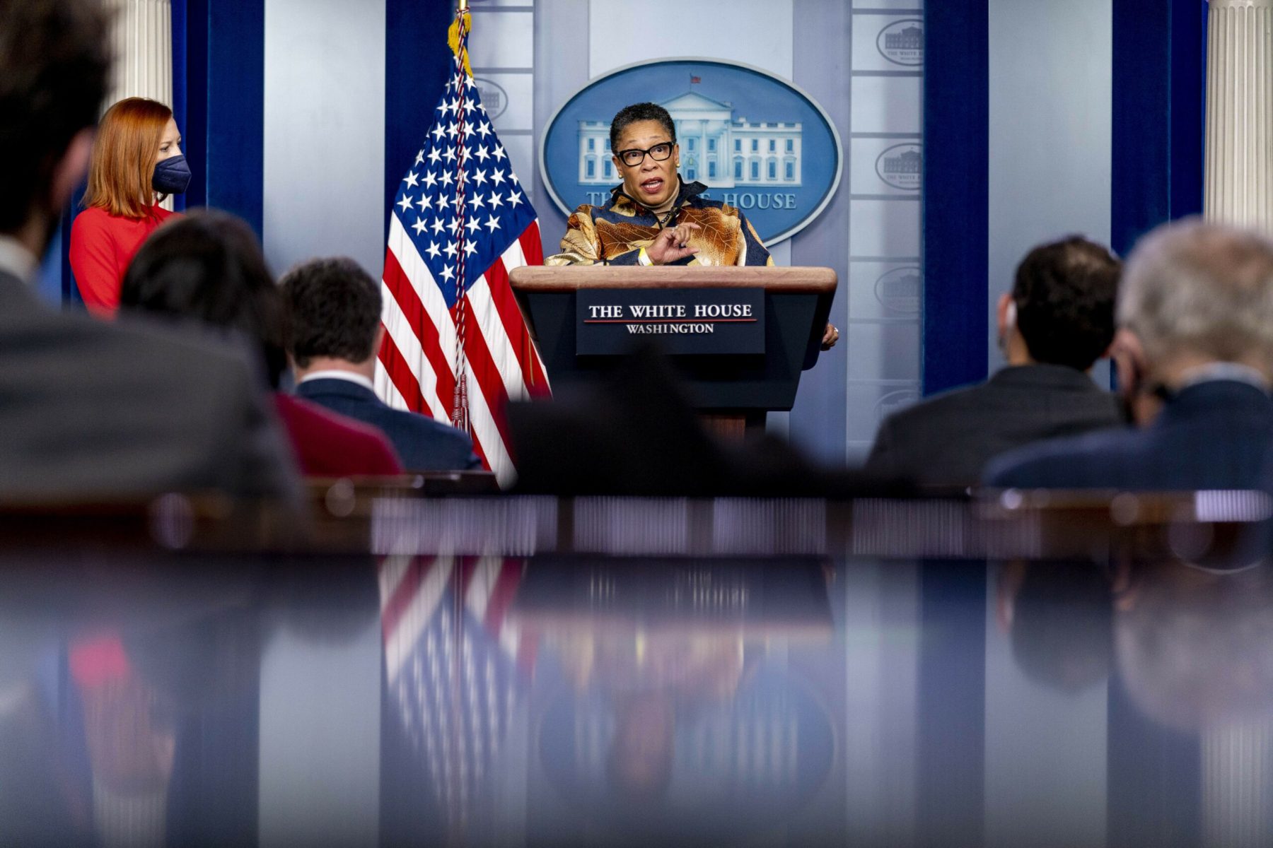 Marcia Fudge speaks to the press from a podium at the White House.