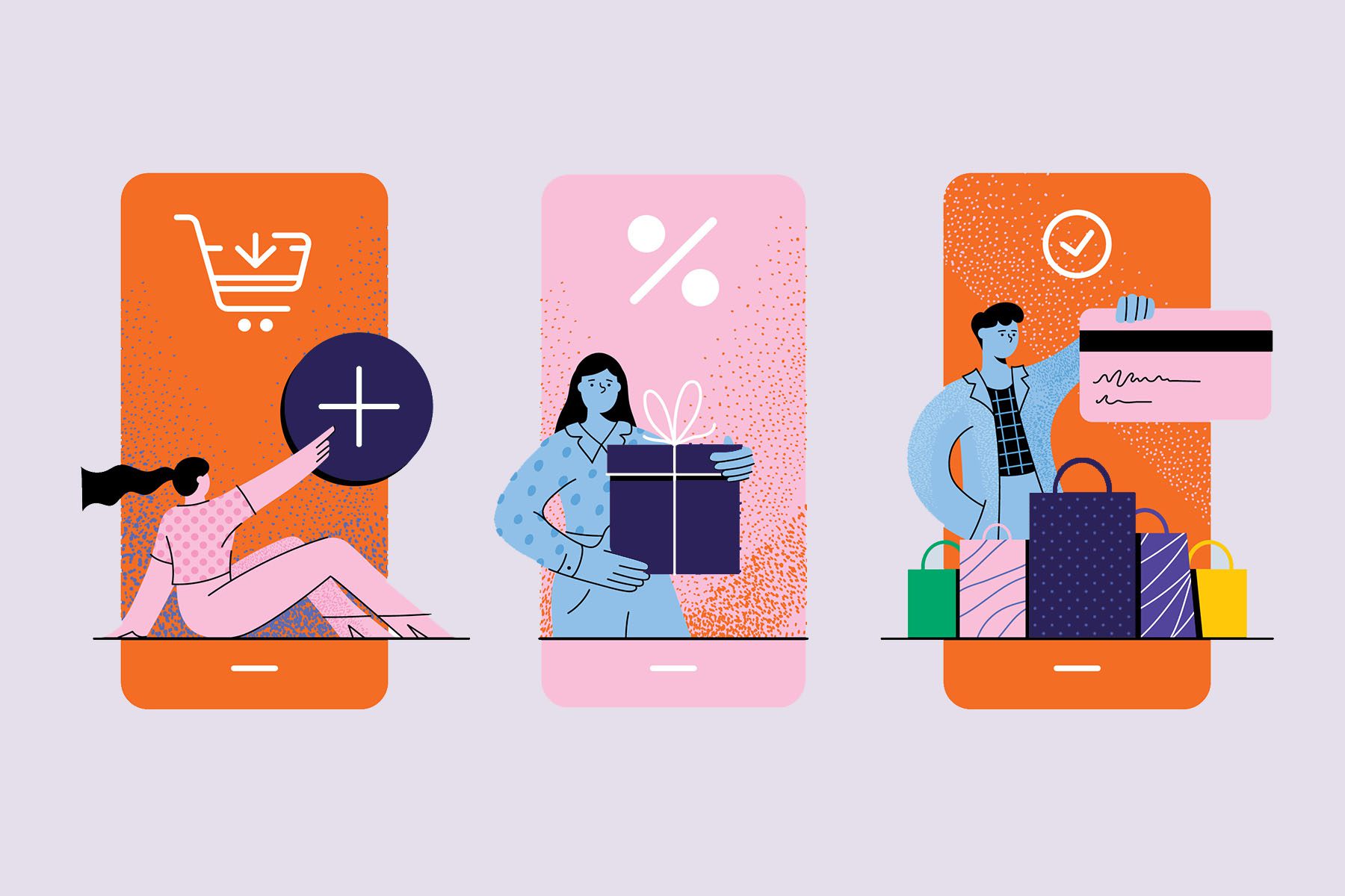 Illustration of person adding item to digital cart, person holding a gift and person holding a credit card, with shopping bags underneath them.