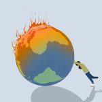 Illustration of a woman pushing pushing a burning globe.