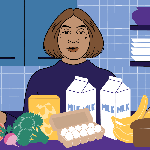 An animated illustration shows Tammy Ferrell at her kitchen counter filled with groceries including eggs, milk, meat and veggies. The groceries slowly disappear while her expression changes from a smile to a frown, leaving only pasta, milk and eggs on the counter.