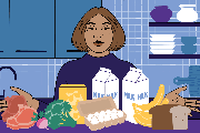An animated illustration shows Tammy Ferrell at her kitchen counter filled with groceries including eggs, milk, meat and veggies. The groceries slowly disappear while her expression changes from a smile to a frown, leaving only pasta, milk and eggs on the counter.