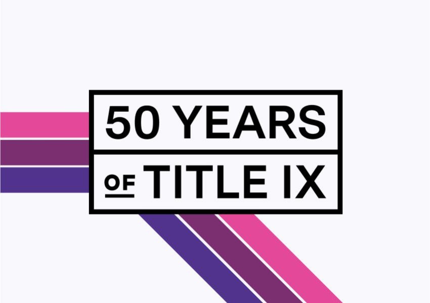 Logo saying “Fifty Years of Title IX” on a white background with pink, mauve and purple decorative stripes.