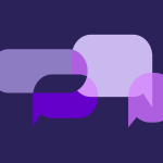 Speech bubbles overlayed on a purple background