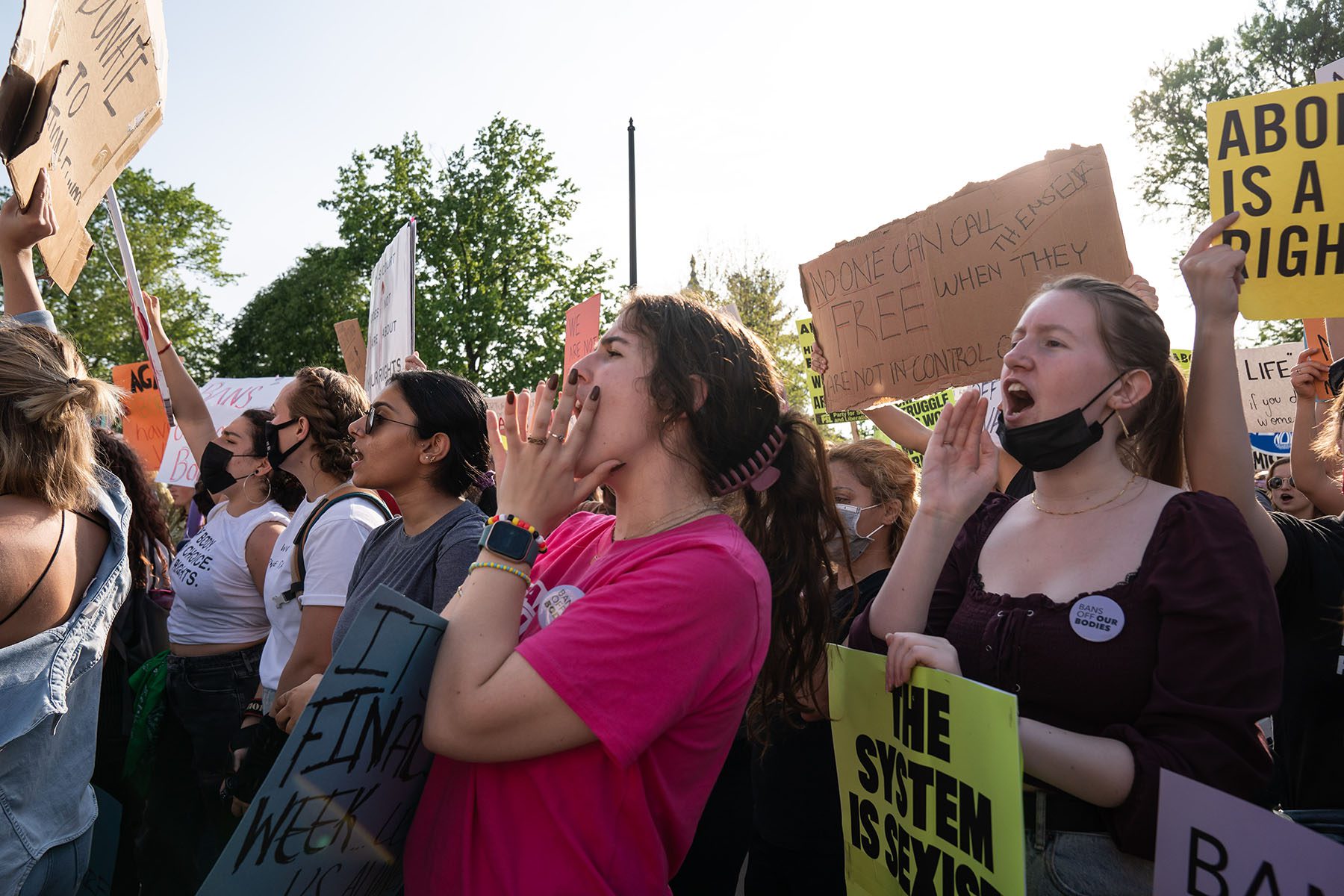 Demonstrators chant as they hold signs in protest in front of the Supreme Court.