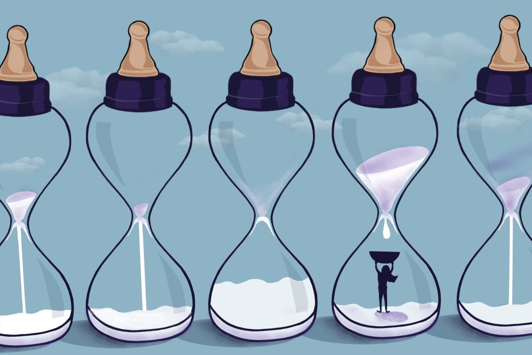 Illustration of different baby bottles shaped like hourglasses. In one of the bottles, a parent tries to catch the milk coming from the top of the hourglass into a bowl.