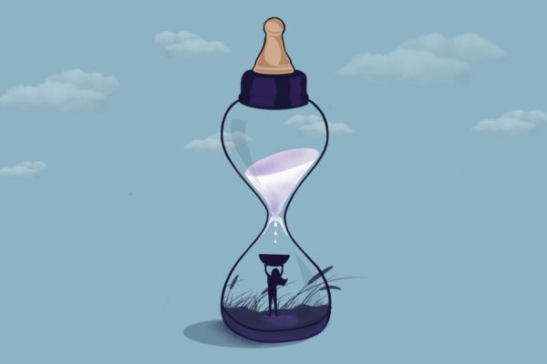 illustration of a parent inside a baby bottle shaped like an hour glass. The parent is standing in a field inside the baby bottle and trying to collect milk that is falling from the top of the hourglass.