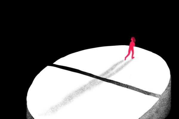 Illustration of a person walking across a pill looking back towards the groove in the middle of the pill.