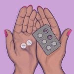 An illustration of hands holding a pill packet with pills.